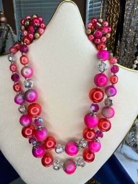 Vendome Vintage Pink, Orange and Crystal Double Strand Necklace and Earrings.